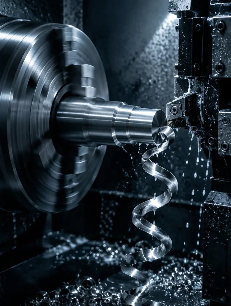CNC lathe turning a steel bar